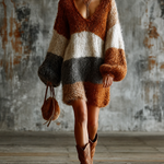 ElevenOra Chic Casual Brown-Cream-Charcoal Gray Colorblock V-Neck Long-Sleeve Loose-Fit Knit Mini Dress