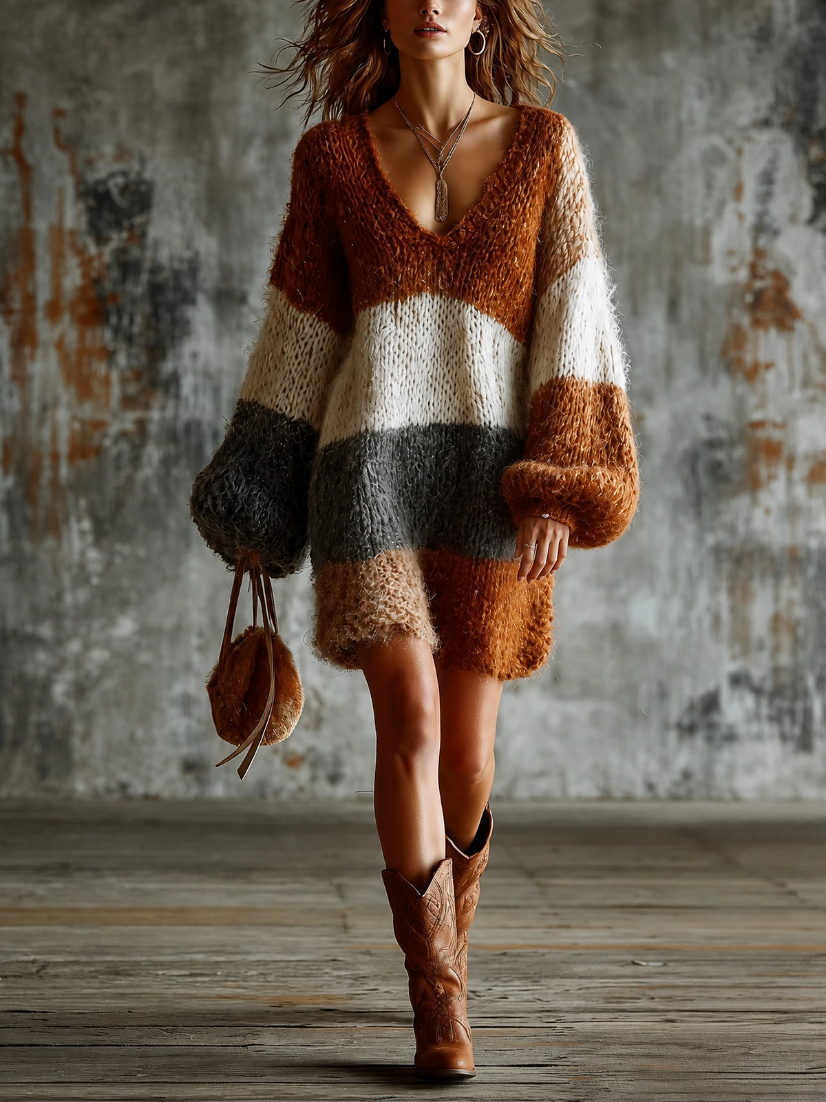 ElevenOra Chic Casual Brown-Cream-Charcoal Gray Colorblock V-Neck Long-Sleeve Loose-Fit Knit Mini Dress