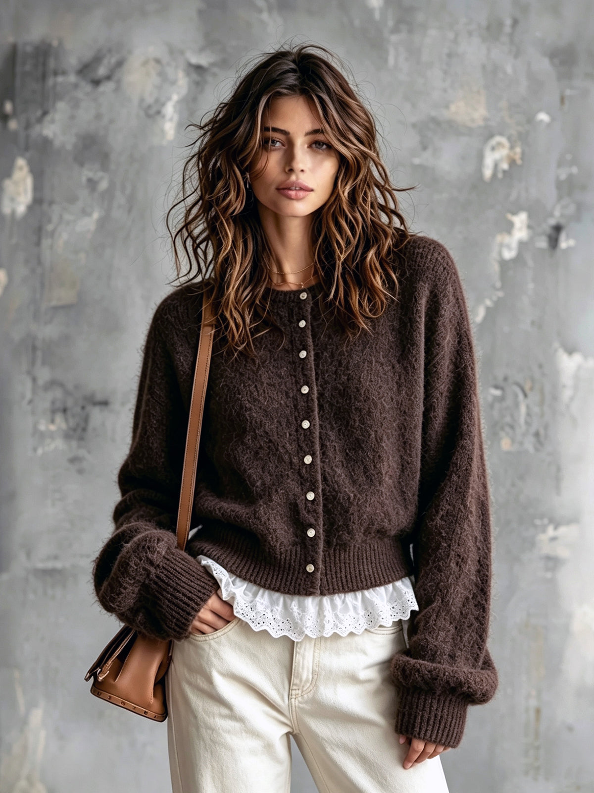 ElevenOra Chic Elegant Dark Brown Round-Neck Dropped Shoulder Long-Sleeve Single-Breasted Lace Trim Detail Knit Cardigan