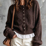 ElevenOra Chic Elegant Dark Brown Round-Neck Dropped Shoulder Long-Sleeve Single-Breasted Lace Trim Detail Knit Cardigan