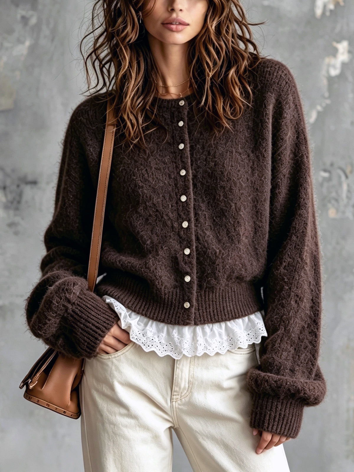 ElevenOra Chic Elegant Dark Brown Round-Neck Dropped Shoulder Long-Sleeve Single-Breasted Lace Trim Detail Knit Cardigan