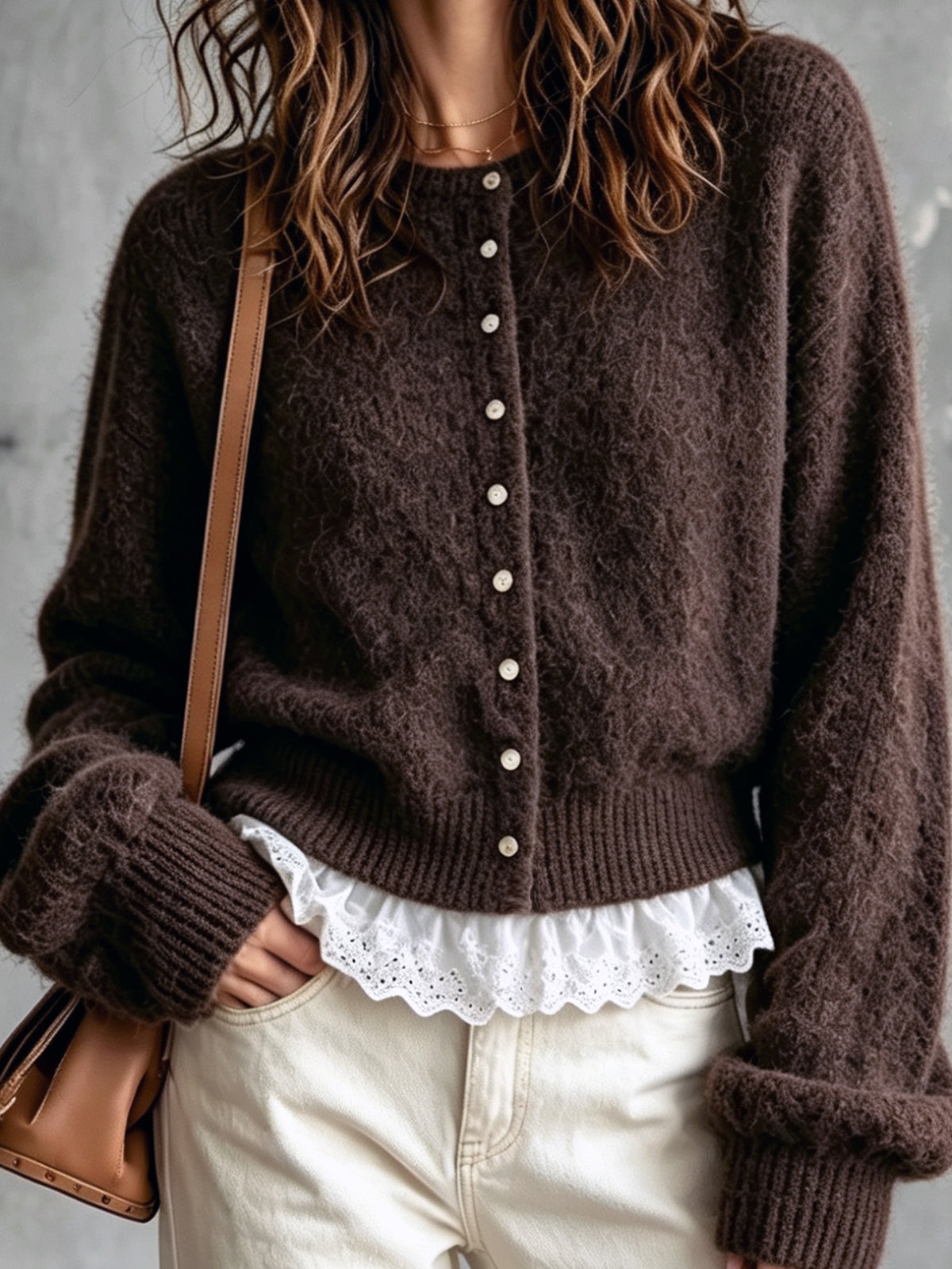 ElevenOra Chic Elegant Dark Brown Round-Neck Dropped Shoulder Long-Sleeve Single-Breasted Lace Trim Detail Knit Cardigan