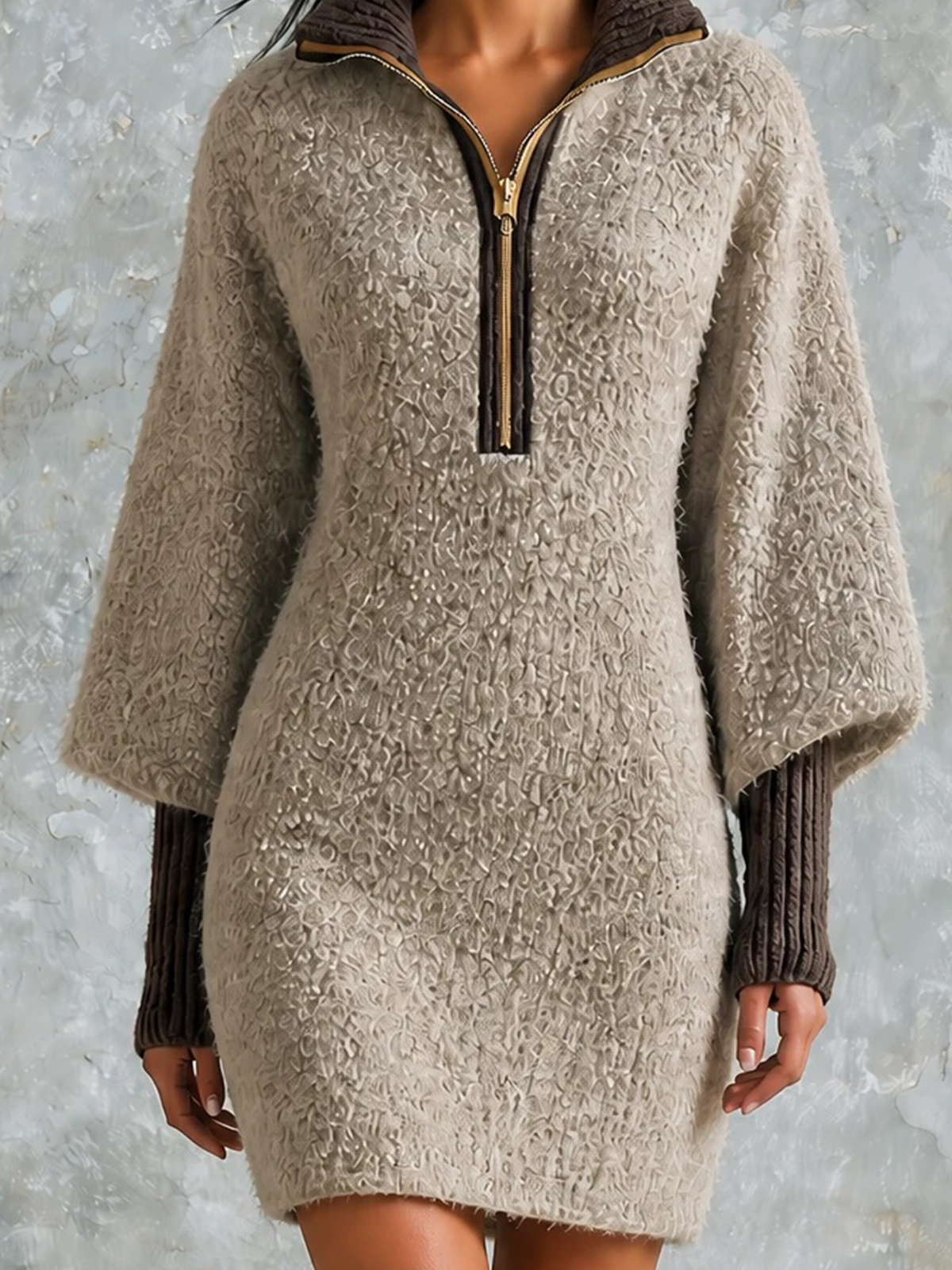 ElevenOra Chic Casual Taupe Beige Stand-Collar Half-Zipper Contrast Trim Long-Sleeve Slim-Fit Knit Mini Dress