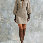 ElevenOra Chic Casual Taupe Beige Stand-Collar Half-Zipper Contrast Trim Long-Sleeve Slim-Fit Knit Mini Dress