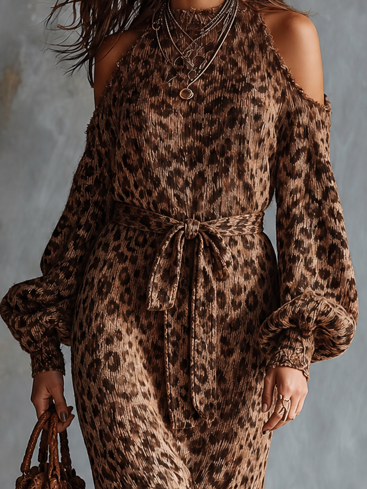 ElevenOra Chic Elegant Brown Leopard Jacquard Cold‑Shoulder Raw Edge High Neck Long-Sleeve Loose-Fit Waist Belt Side Slit Knit Midi Dress