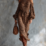 ElevenOra Chic Elegant Brown Leopard Jacquard Cold‑Shoulder Raw Edge High Neck Long-Sleeve Loose-Fit Waist Belt Side Slit Knit Midi Dress