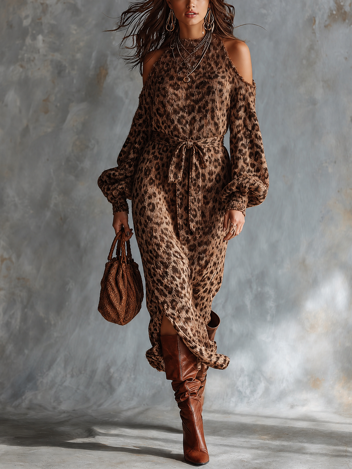 ElevenOra Chic Elegant Brown Leopard Jacquard Cold‑Shoulder Raw Edge High Neck Long-Sleeve Loose-Fit Waist Belt Side Slit Knit Midi Dress