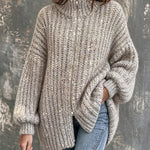 ElevenOra Chic Elegant Gray Sequins Stand Collar Zipper-Placket Dropped Shoulder Long-Lantern-Sleeve Loose-Fit Knit Cardigan
