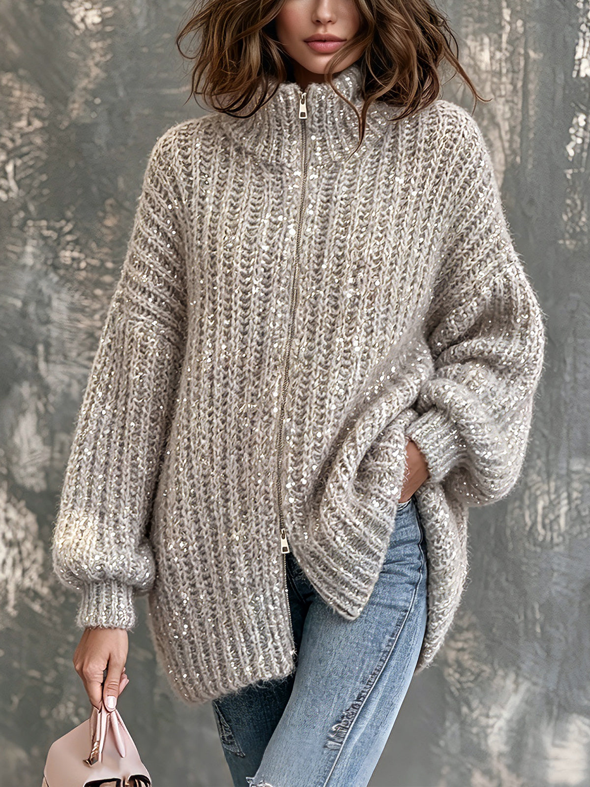 ElevenOra Chic Elegant Gray Sequins Stand Collar Zipper-Placket Dropped Shoulder Long-Lantern-Sleeve Loose-Fit Knit Cardigan