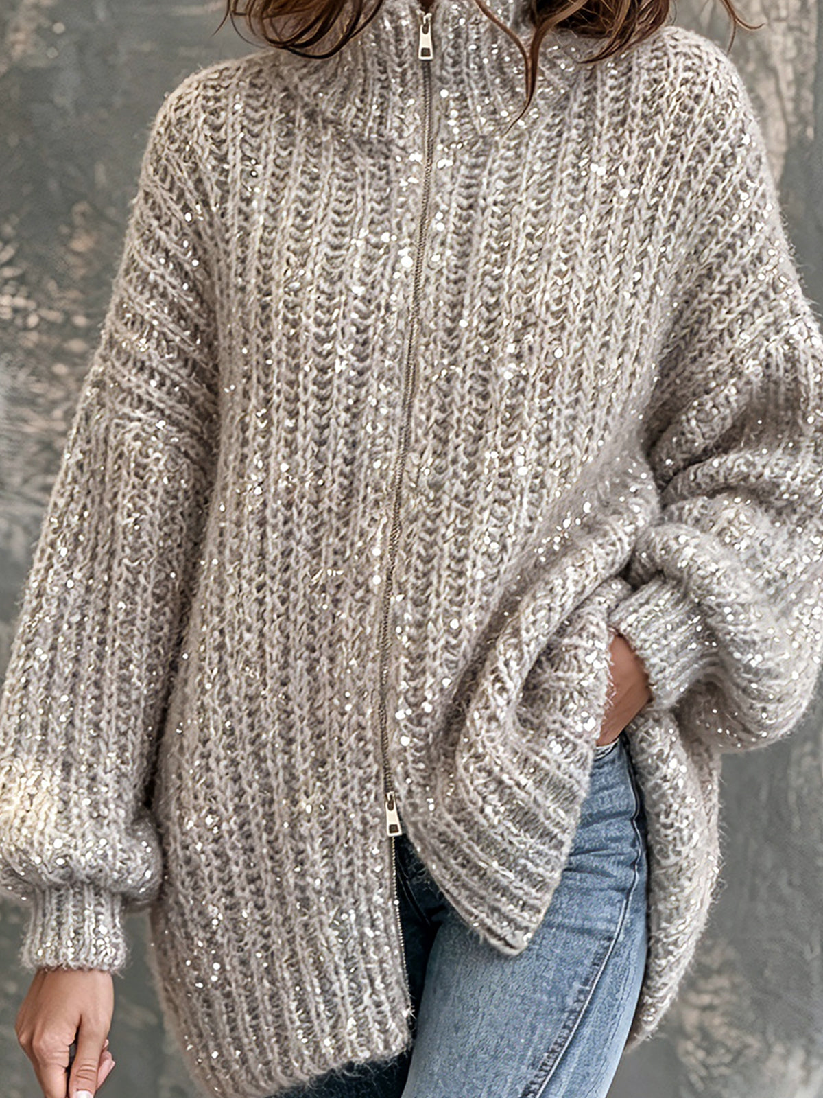 ElevenOra Chic Elegant Gray Sequins Stand Collar Zipper-Placket Dropped Shoulder Long-Lantern-Sleeve Loose-Fit Knit Cardigan