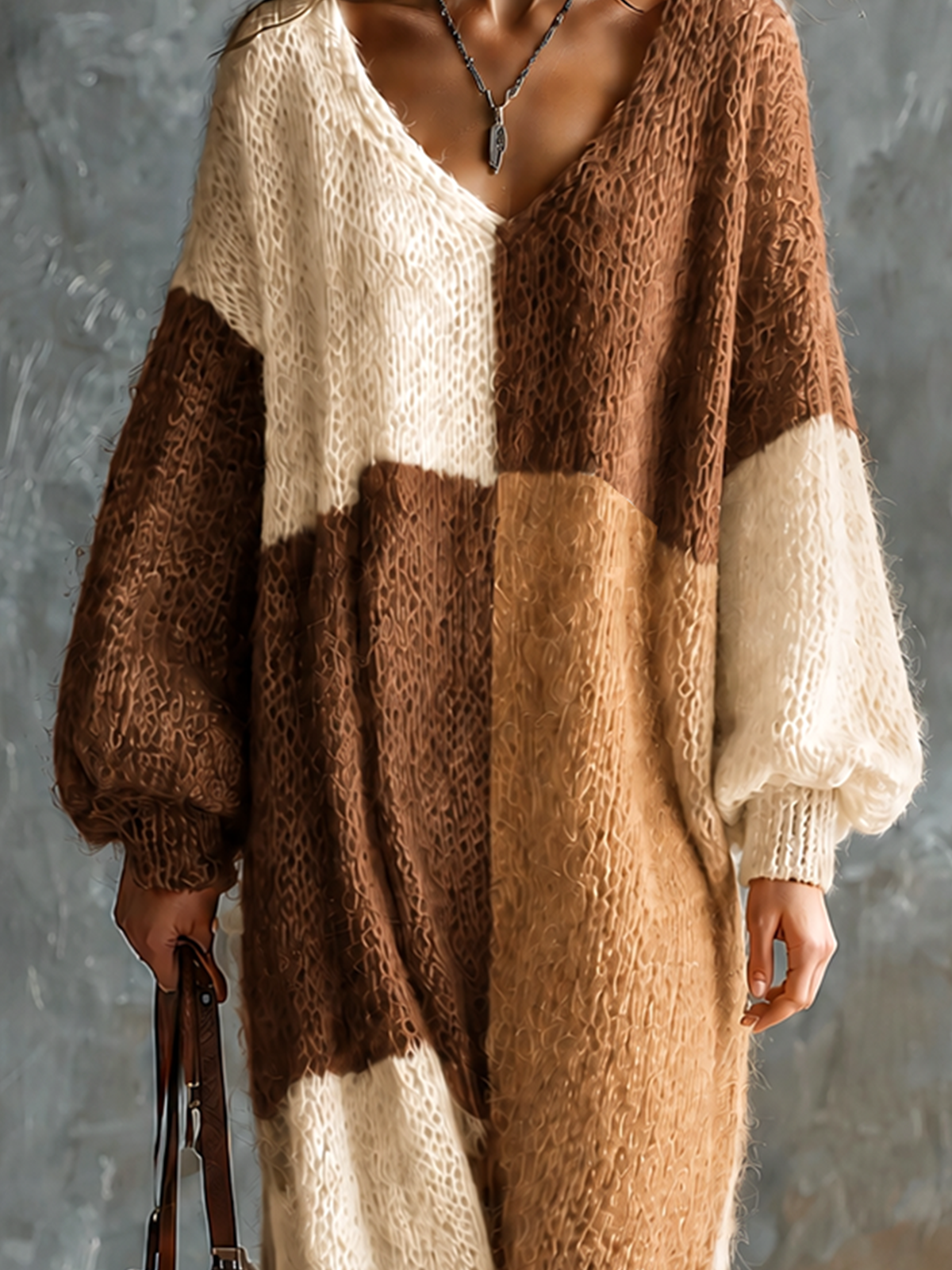 ElevenOra Chic Elegant Brown-Camel-Off White Colorblock V-Neck Long-Sleeve Loose-Fit Knit Midi Dress