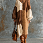 ElevenOra Chic Elegant Brown-Camel-Off White Colorblock V-Neck Long-Sleeve Loose-Fit Knit Midi Dress