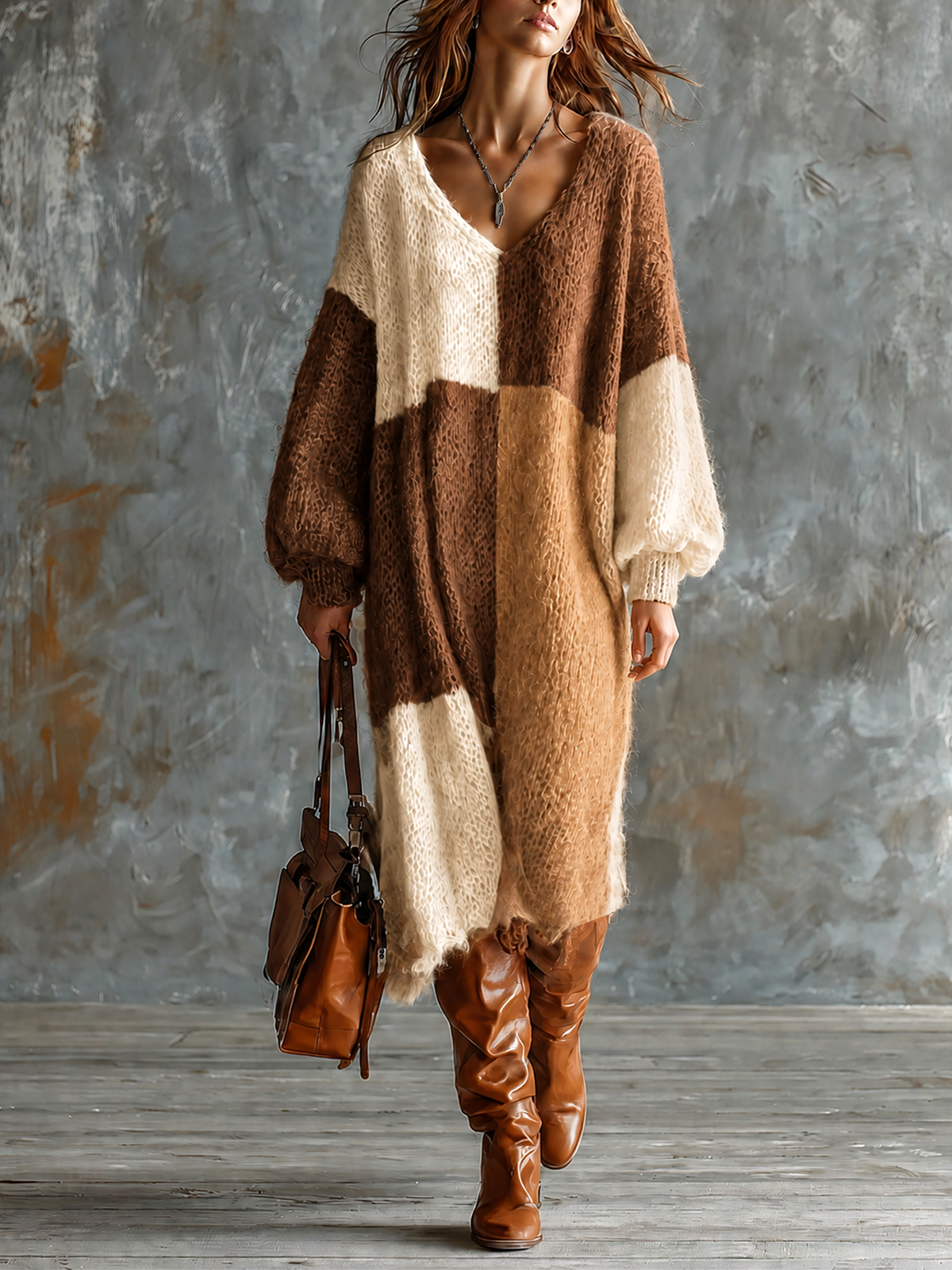 ElevenOra Chic Elegant Brown-Camel-Off White Colorblock V-Neck Long-Sleeve Loose-Fit Knit Midi Dress