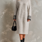 ElevenOra Chic Elegant Light Grey Turtleneck Contrast Trim Long-Sleeve Loose-Fit Knit Midi Dress