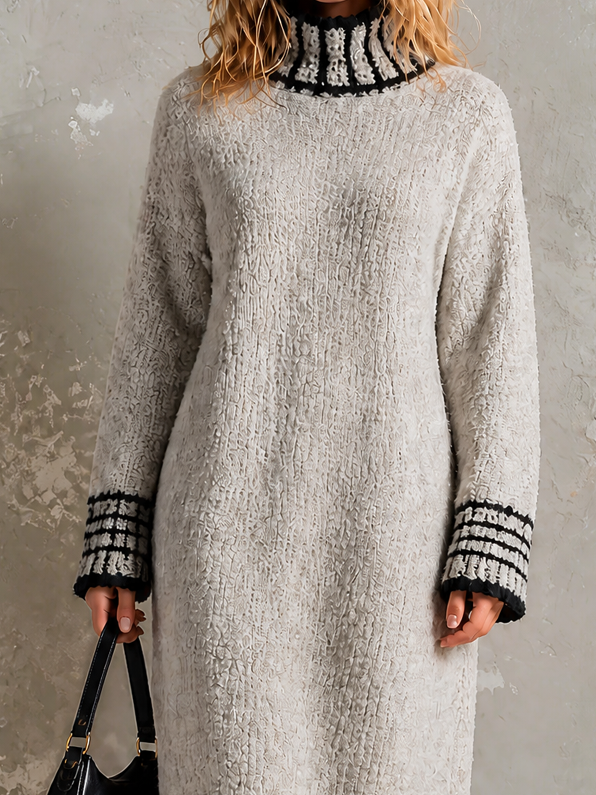 ElevenOra Chic Elegant Light Grey Turtleneck Contrast Trim Long-Sleeve Loose-Fit Knit Midi Dress