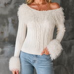 ElevenOra Chic Elegant Off‑White Off‑The‑Shoulder Fringe Trim Cable Long-Sleeve Slim-Fit Knit Sweater Top