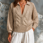 ElevenOra Chic Elegant Beige Lapel Collar V‑Neck Long-Sleeve Loose-Fit Cable Knit Sweater Top
