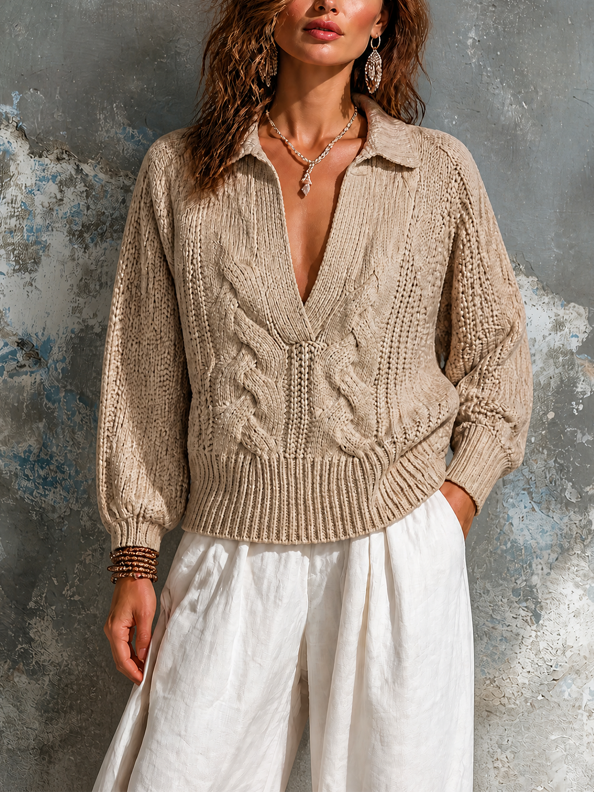 ElevenOra Chic Elegant Beige Lapel Collar V‑Neck Long-Sleeve Loose-Fit Cable Knit Sweater Top