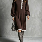 ElevenOra Chic Elegant Brown Round-Neck Long-Lantern-Sleeve Button-Front Lace Trim Detail Loose-Fit A-Line Knit Midi Dress