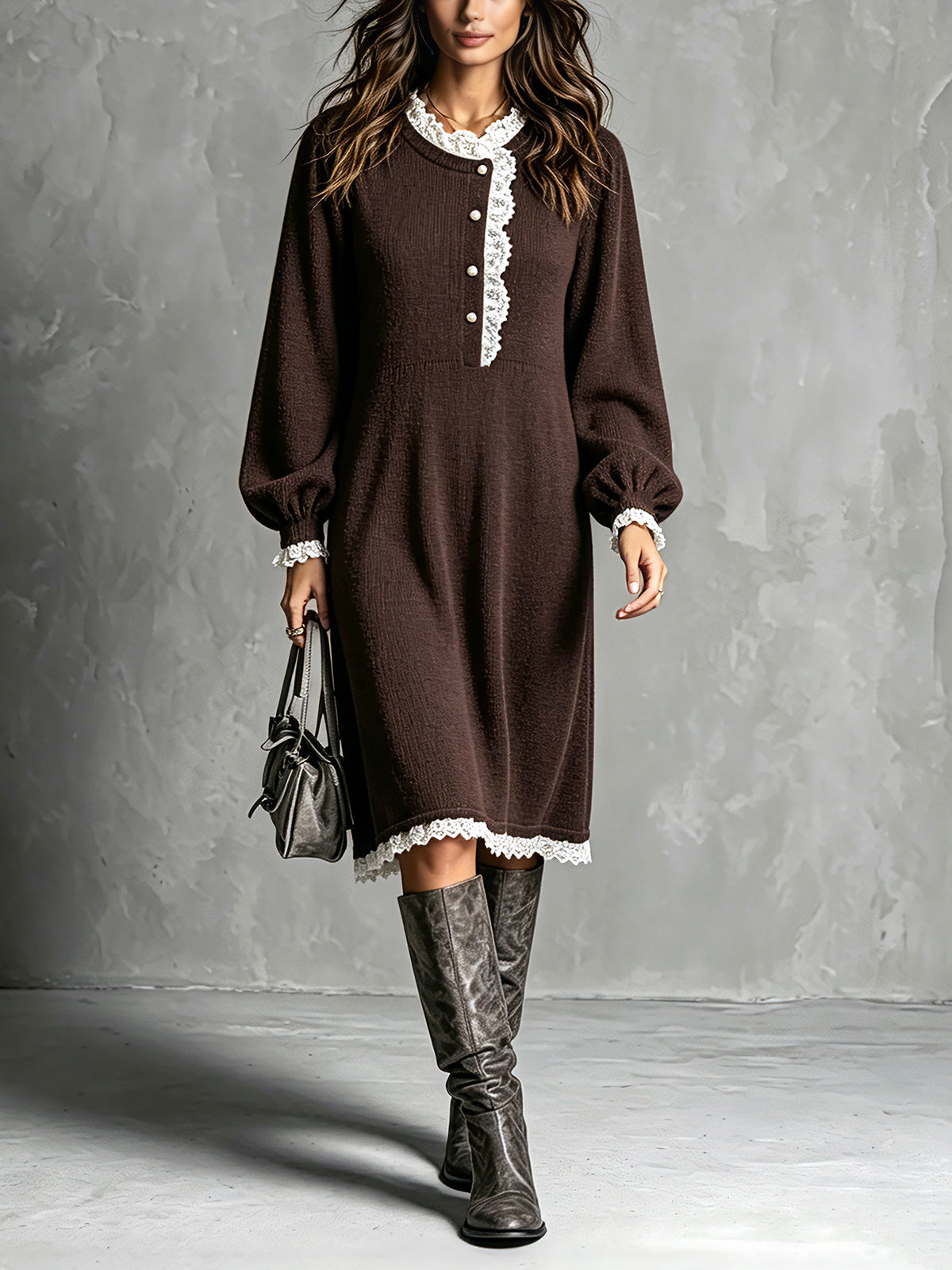 ElevenOra Chic Elegant Brown Round-Neck Long-Lantern-Sleeve Button-Front Lace Trim Detail Loose-Fit A-Line Knit Midi Dress