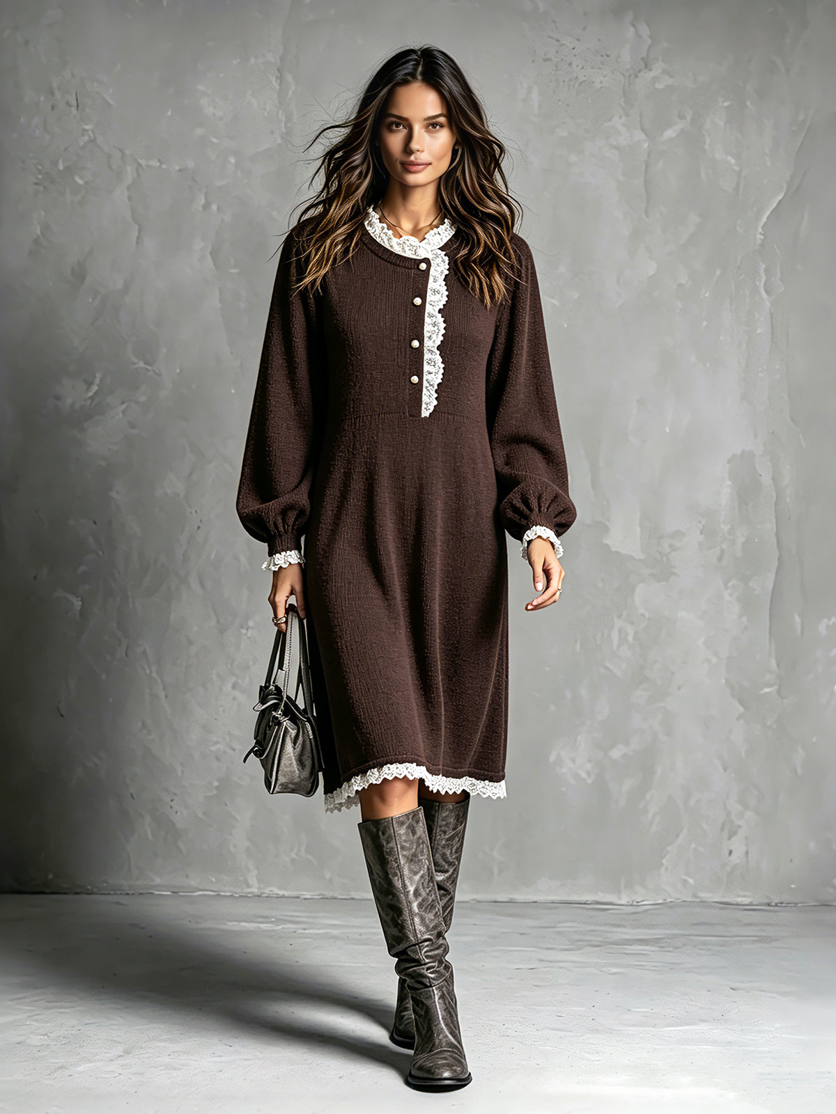 ElevenOra Chic Elegant Brown Round-Neck Long-Lantern-Sleeve Button-Front Lace Trim Detail Loose-Fit A-Line Knit Midi Dress