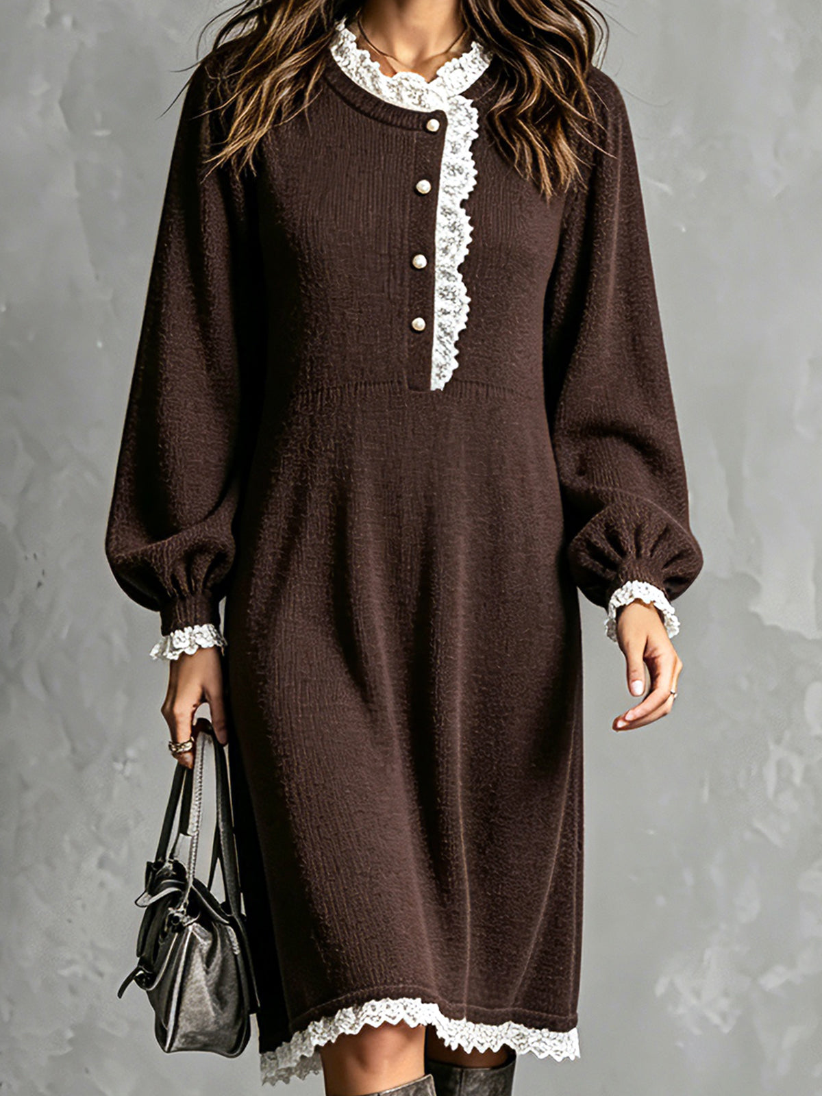 ElevenOra Chic Elegant Brown Round-Neck Long-Lantern-Sleeve Button-Front Lace Trim Detail Loose-Fit A-Line Knit Midi Dress