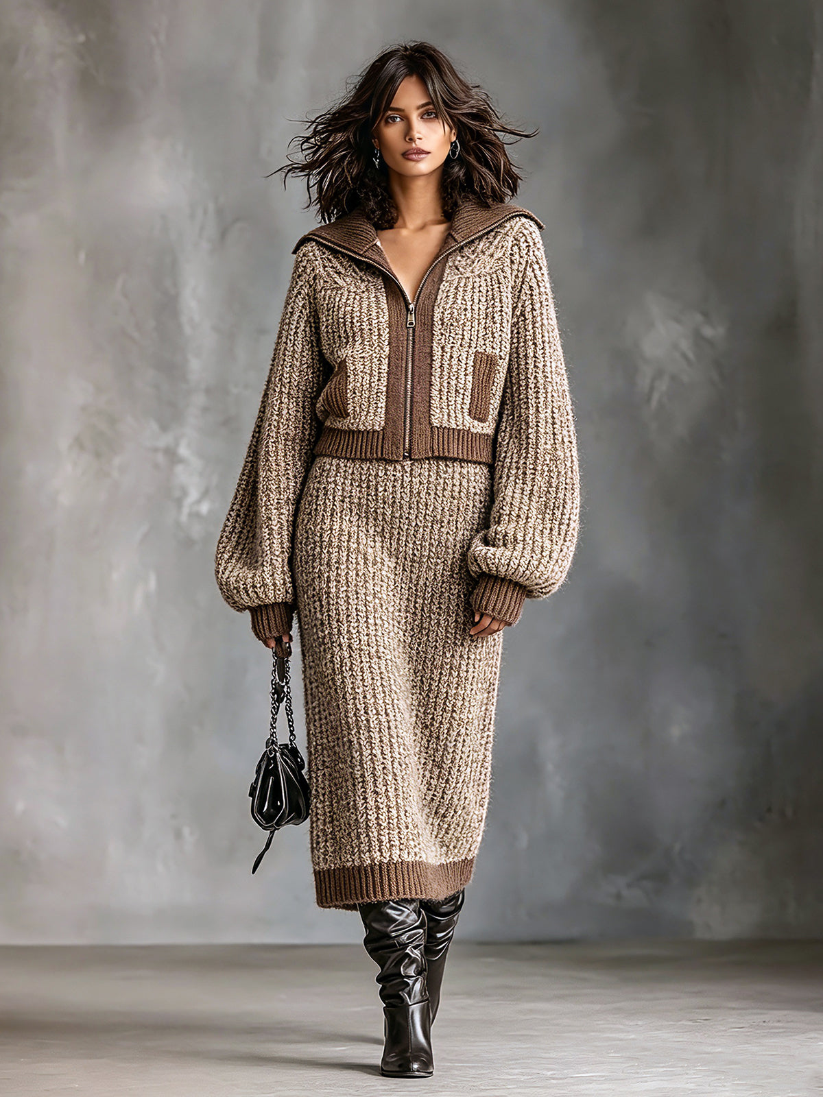 ElevenOra Chic Elegant Camel-Brown Colorblock Lapel Collar Long-Lantern-Sleeve Zipper-Front Cardigan Elasitc-Waist Midi Skirt Ribbed Knit Two-Piece Set