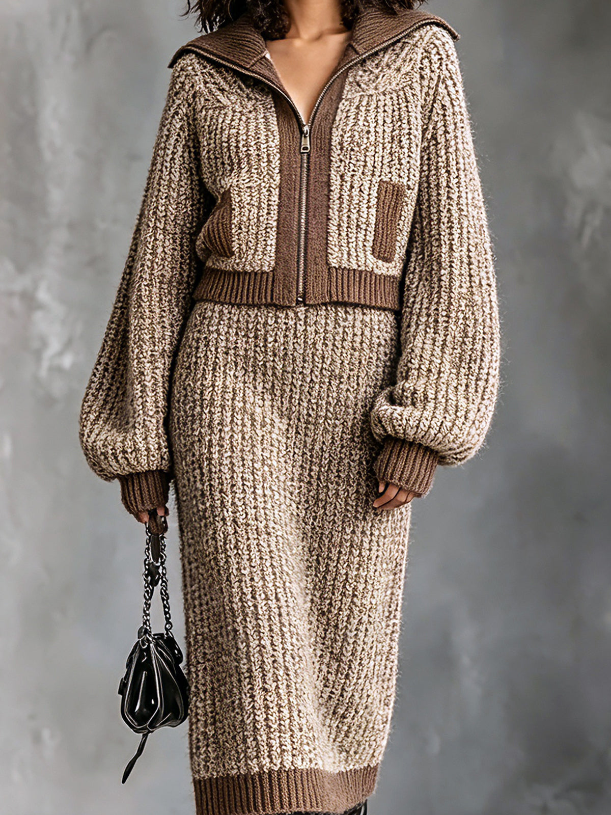 ElevenOra Chic Elegant Camel-Brown Colorblock Lapel Collar Long-Lantern-Sleeve Zipper-Front Cardigan Elasitc-Waist Midi Skirt Ribbed Knit Two-Piece Set