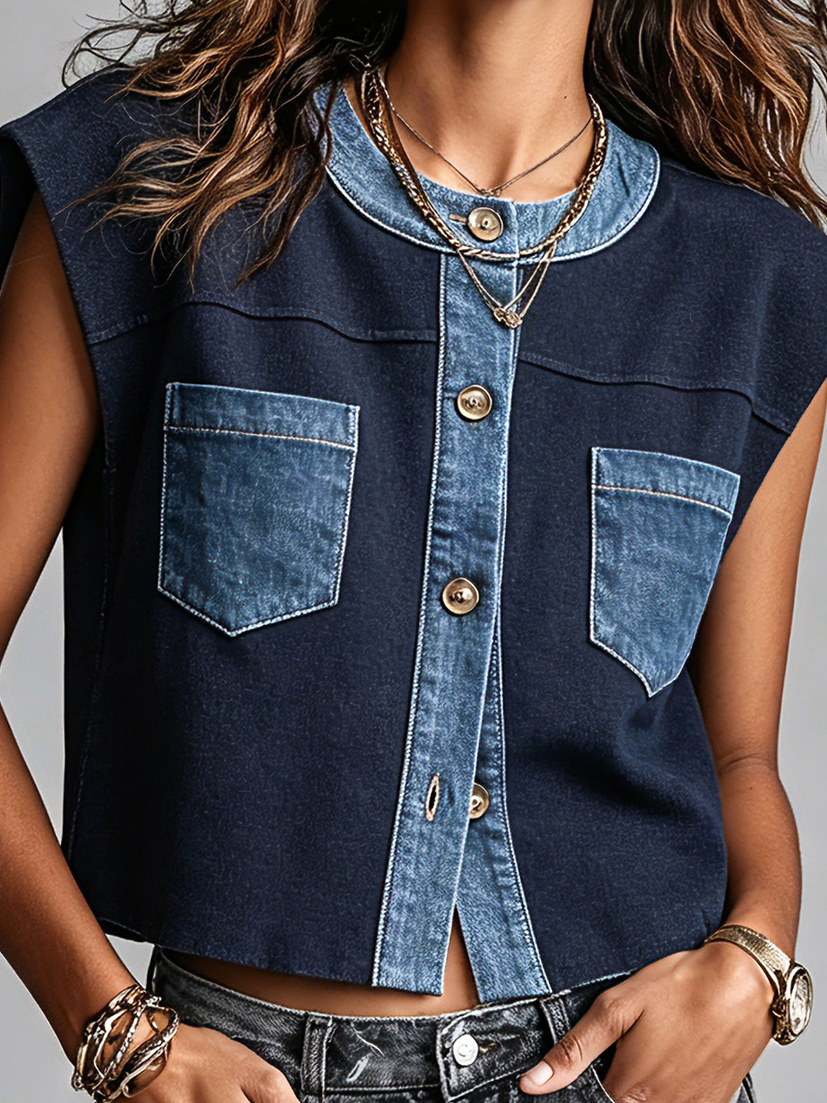 ElevenOra Chic Casual Navy Cotton Blend Round-Neck Sleeveless Single-Breasted Blue Denim Patch Pockets Detail Loose-Fit Vest