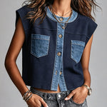 ElevenOra Chic Casual Navy Cotton Blend Round-Neck Sleeveless Single-Breasted Blue Denim Patch Pockets Detail Loose-Fit Vest