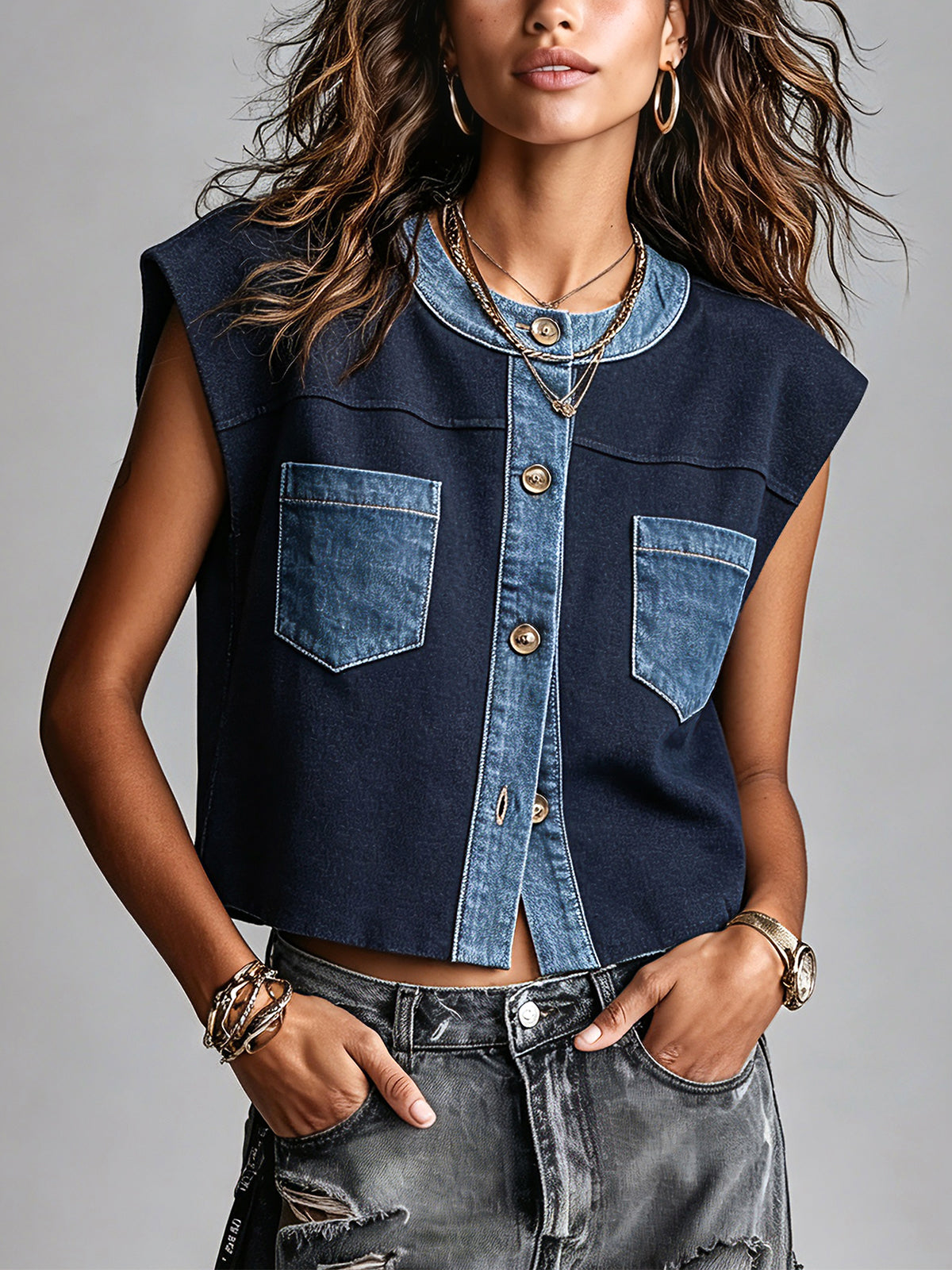 ElevenOra Chic Casual Navy Cotton Blend Round-Neck Sleeveless Single-Breasted Blue Denim Patch Pockets Detail Loose-Fit Vest