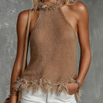 ElevenOra Chic Casual Camel Halter-Neck Sleeveless Fringe Detail Slim-Fit Soft Knit Tank Top
