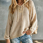 ElevenOra Chic Casual Beige Lace-Up Hooded Collar Dropped Shoulder Long-Sleeve Loose-Fit Knit Sweater Top