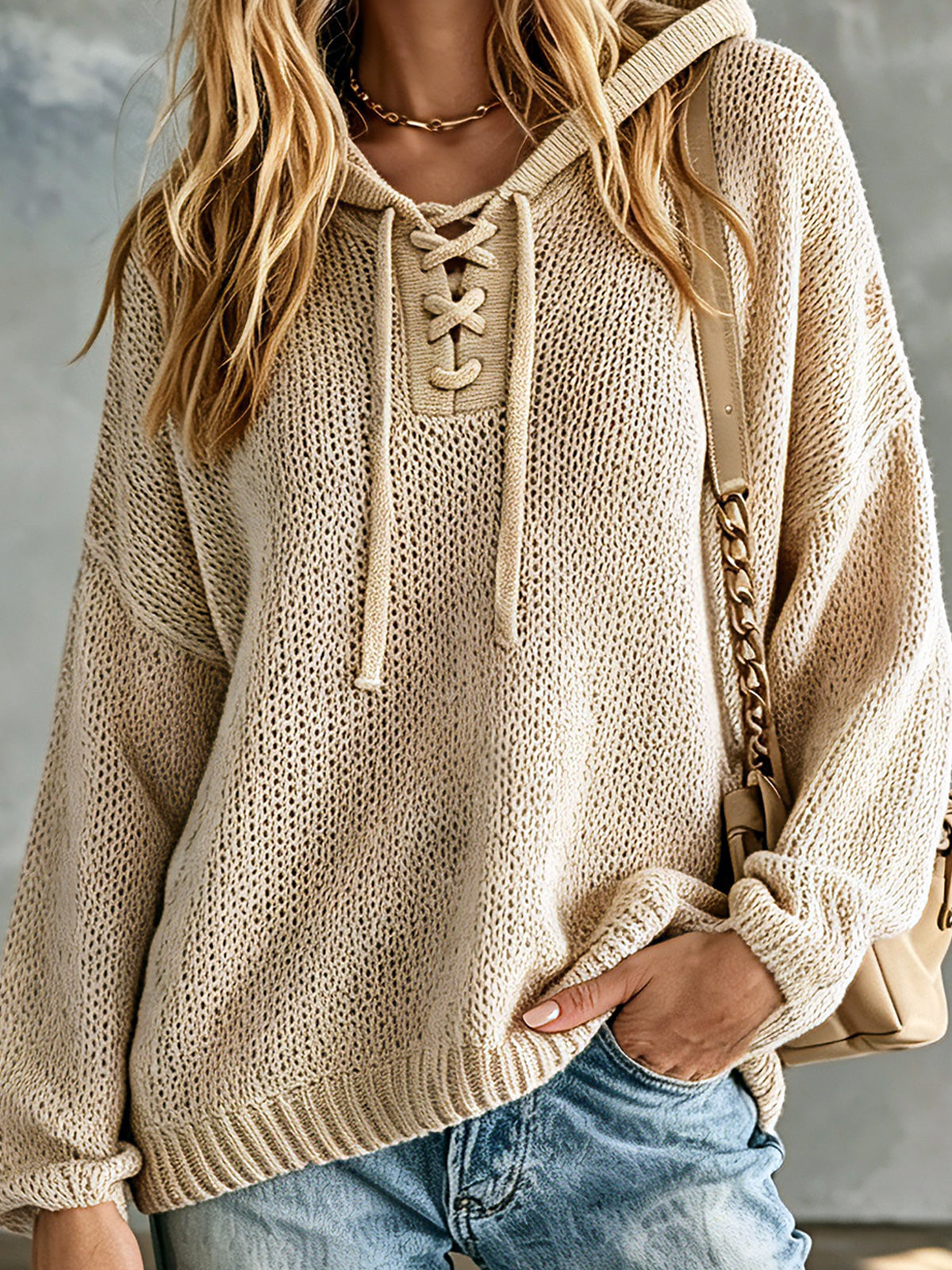 ElevenOra Chic Casual Beige Lace-Up Hooded Collar Dropped Shoulder Long-Sleeve Loose-Fit Knit Sweater Top
