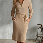 ElevenOra Chic Casual Camel Zipper-Up Stand Collar Long-Sleeve Tie-Waist Mesh Detail Loose-Fit Knit Midi Dress