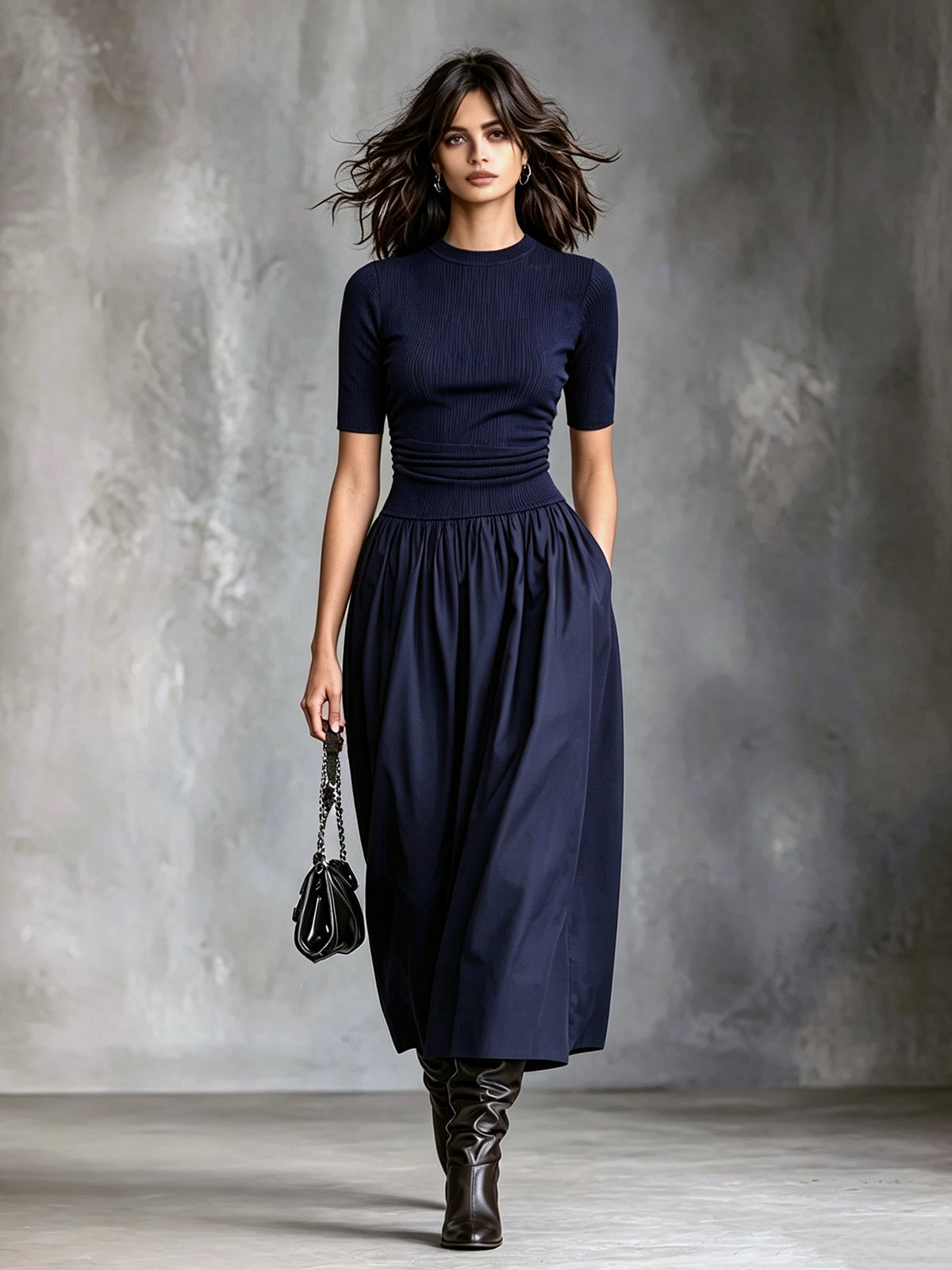 ElevenOra Chic Casual Navy Blue Knit Round-Neck Short-Sleeve Pleats Detail Cotton Blend A-Line Patchwork Midi Dress