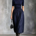 ElevenOra Chic Casual Navy Blue Knit Round-Neck Short-Sleeve Pleats Detail Cotton Blend A-Line Patchwork Midi Dress