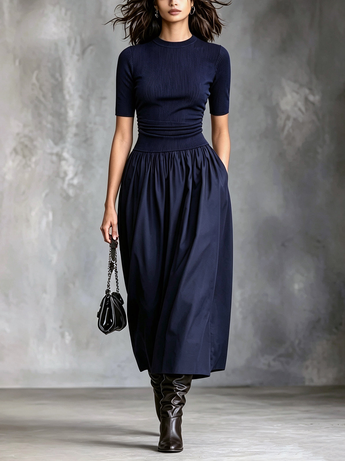 ElevenOra Chic Casual Navy Blue Knit Round-Neck Short-Sleeve Pleats Detail Cotton Blend A-Line Patchwork Midi Dress