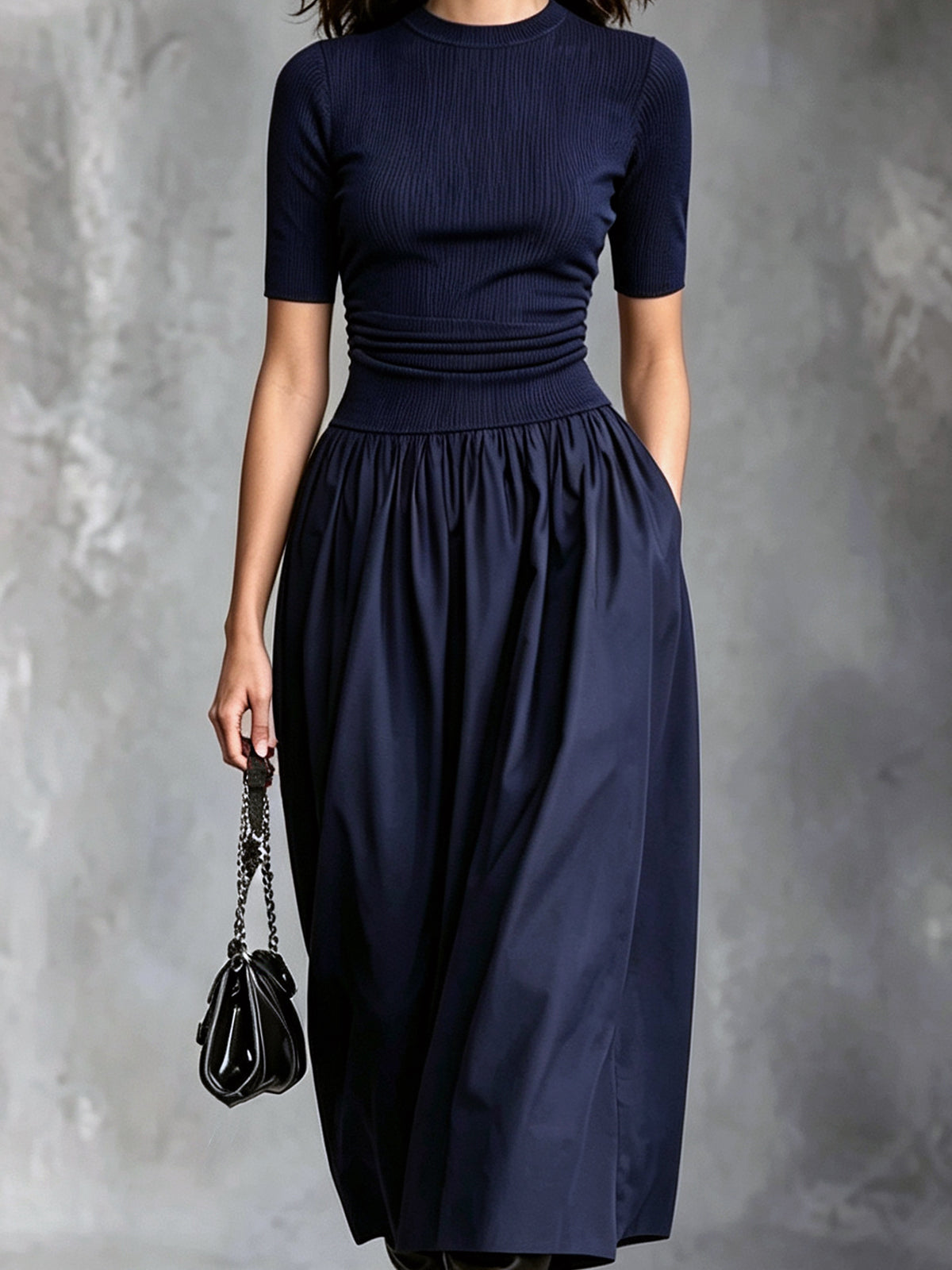 ElevenOra Chic Casual Navy Blue Knit Round-Neck Short-Sleeve Pleats Detail Cotton Blend A-Line Patchwork Midi Dress