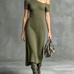 ElevenOra Chic Casual Army Green One-Shoulder Short-Sleeve Tailored-Waist A-Line Ribbed Knit Midi Dress