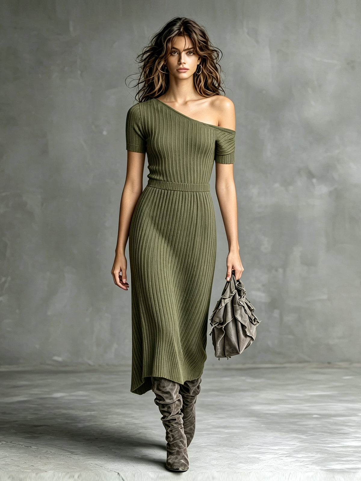 ElevenOra Chic Casual Army Green One-Shoulder Short-Sleeve Tailored-Waist A-Line Ribbed Knit Midi Dress