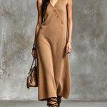 ElevenOra Chic Elegant Camel V-Neck Asymmetrical Button-Front Sleeveless Tailored A-Line Soft Ribbed Knit Maxi Dress