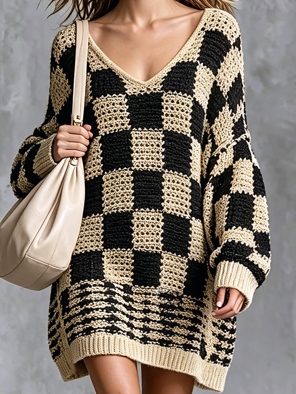 ElevenOra Chic Elegant Beige-Black Colorblock Plaids V-Neck Dropped Shoulder Lantern-Sleeve Oversize A-Line Knit Mini Dress