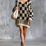 ElevenOra Chic Elegant Beige-Black Colorblock Plaids V-Neck Dropped Shoulder Lantern-Sleeve Oversize A-Line Knit Mini Dress