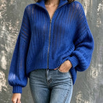 ElevenOra Chic Casual Royal Blue Stand Collar Zipper-Placket Dropped Shoulder Long-Sleeve Loose-Fit Soft Knit Cardigan