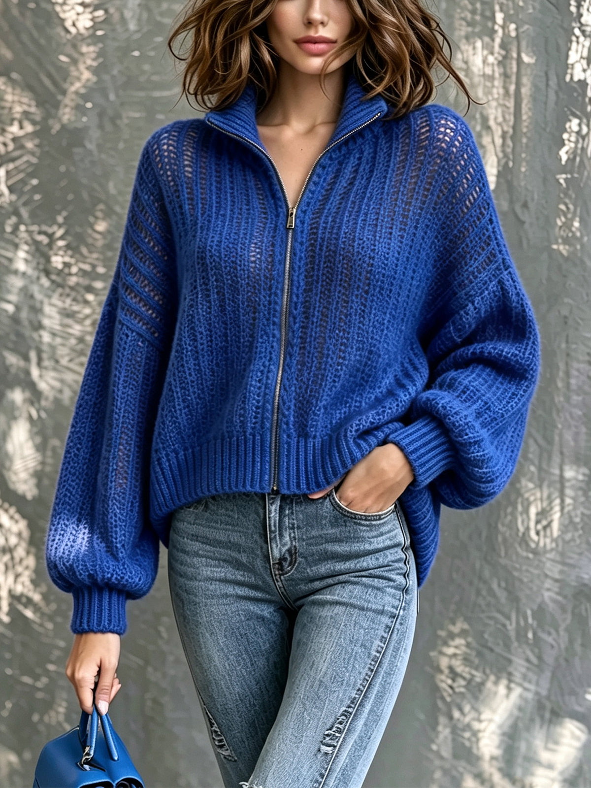 ElevenOra Chic Casual Royal Blue Stand Collar Zipper-Placket Dropped Shoulder Long-Sleeve Loose-Fit Soft Knit Cardigan