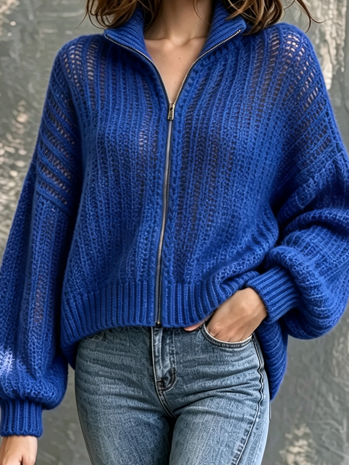 ElevenOra Chic Casual Royal Blue Stand Collar Zipper-Placket Dropped Shoulder Long-Sleeve Loose-Fit Soft Knit Cardigan