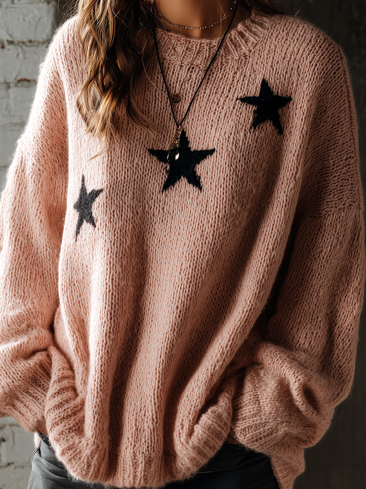 ElevenOra Chic Casual Pink Round-Neck Dropped Shoulder Long-Sleeve Star Jacquard Loose-Fit Soft Knit Sweater