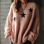 ElevenOra Chic Casual Pink Round-Neck Dropped Shoulder Long-Sleeve Star Jacquard Loose-Fit Soft Knit Sweater