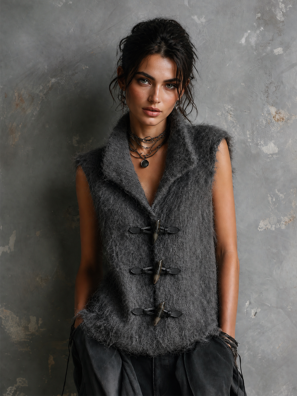 ElevenOra Chic Casual Dark Gray Lapel-Collar Sleeveless Horn Toggle Button Detail Loose-Fit Fuzzy Knit Vest Top